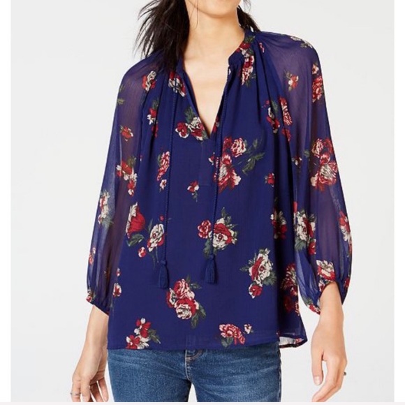 Lucky Brand Tops - Lucky Brand Blue Floral Sheer Top V Neck